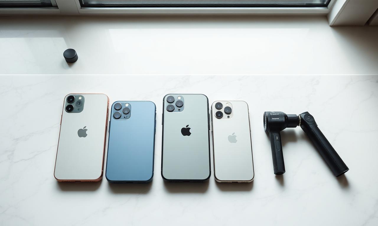Three iPhones lined up on warm cream linen beside a wedding content creator's gimbal, mic, and Moment lens.