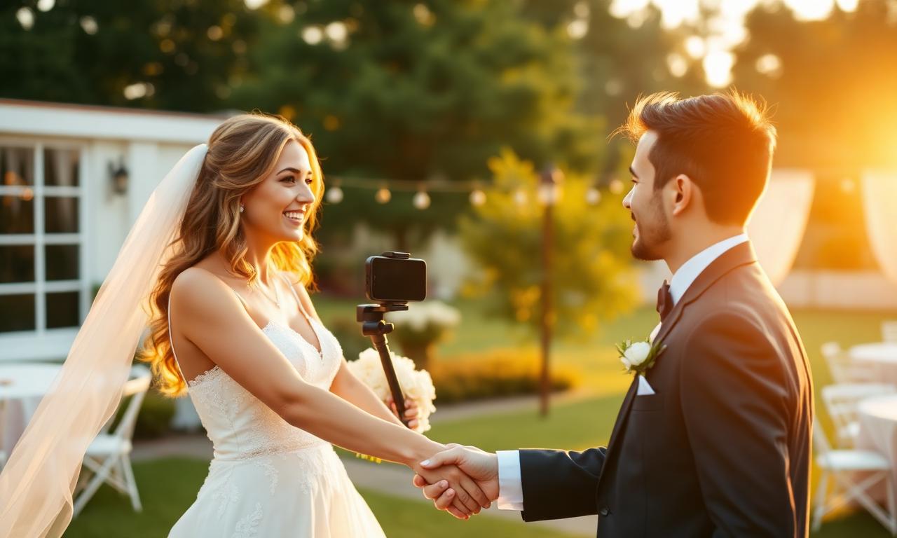 A wedding content creator reviews an inquiry on her phone at a sunlit desk with a laptop and notebook.
