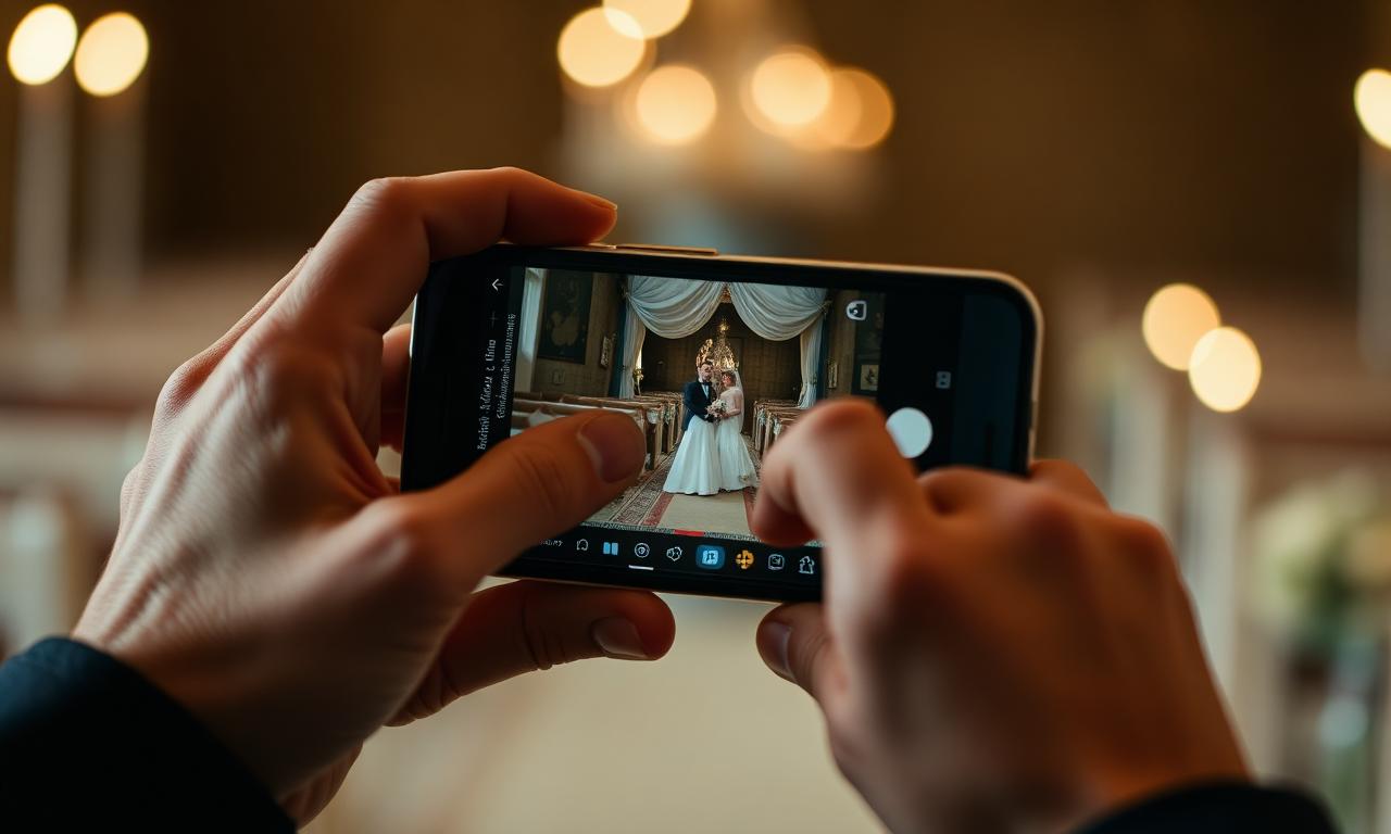 A vertical wedding reel preview on an iPhone beside a laptop editing timeline on warm cream linen.