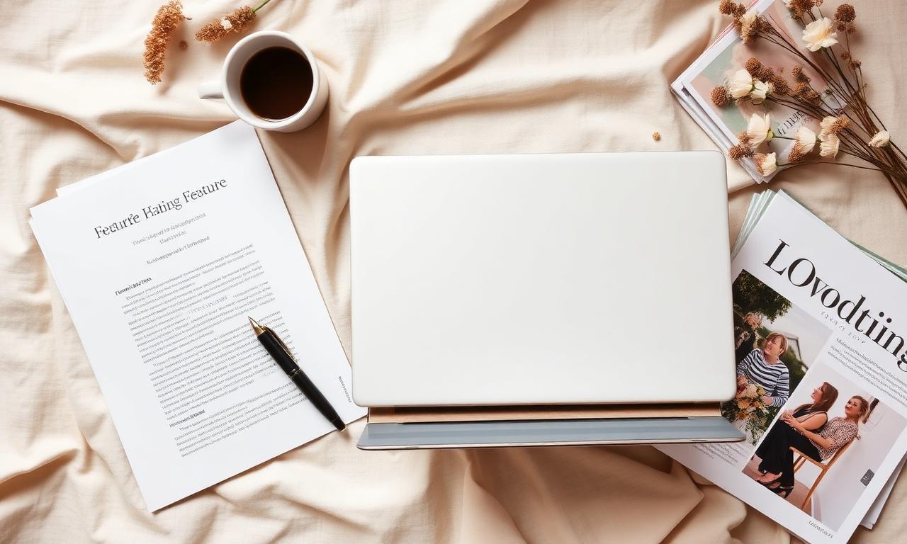 Editorial flat lay of a printed wedding feature submission, a laptop, coffee, and bridal magazines on warm cream linen.