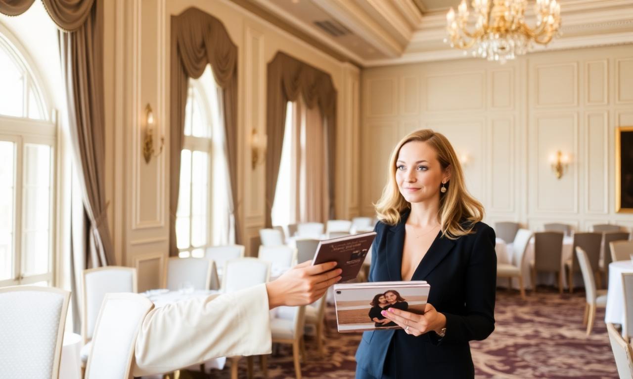 A wedding content creator hands a printed PDF to a venue events manager at an elegant ballroom tour.