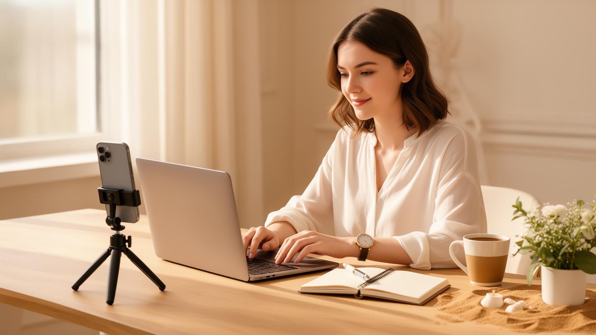 A wedding content creator works at a sunlit desk with a laptop, iPhone on a tripod, notebook, and coffee.