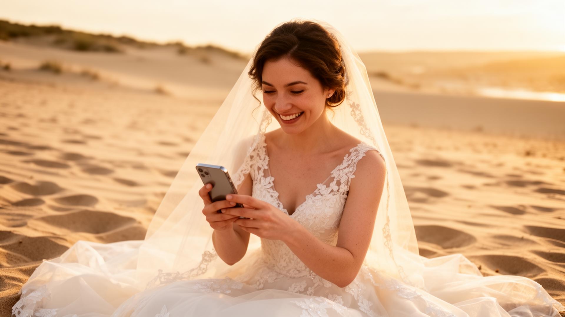 A bride in a lace gown and veil smiles while watching a freshly delivered wedding reel on her phone at golden hour.