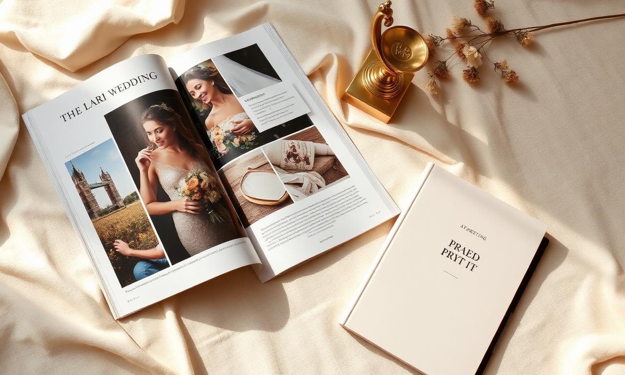 Editorial flat lay of a wedding magazine spread, a brass award trophy, a printed press kit, and a notebook on warm cream linen.