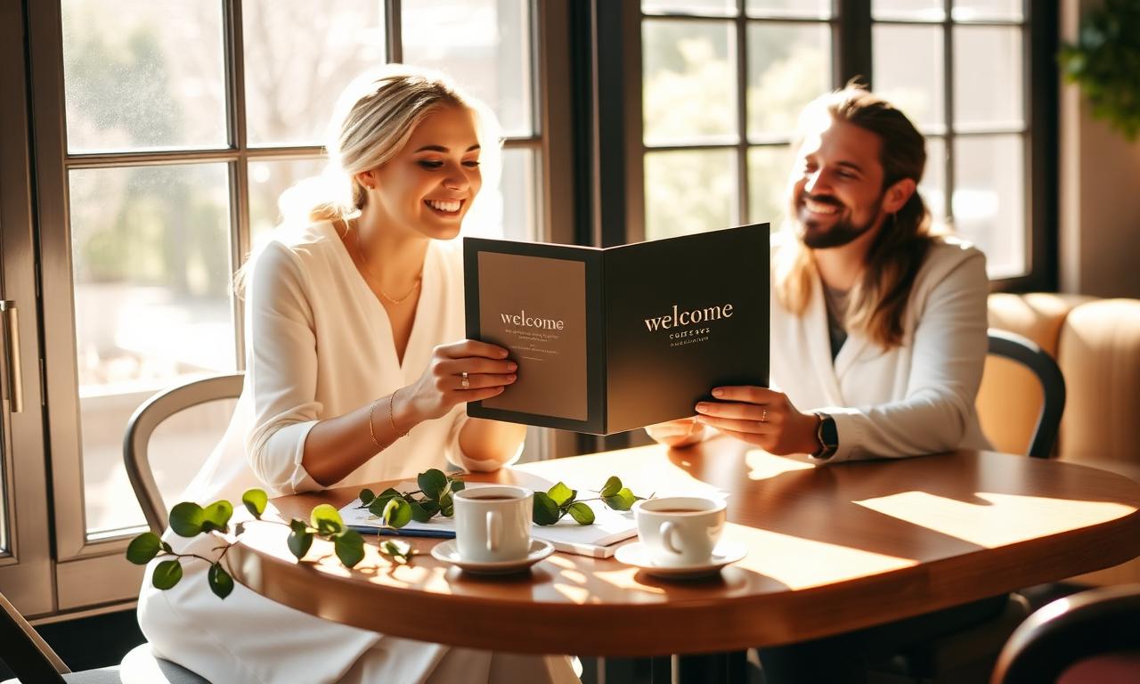 A wedding content creator hands a couple a branded welcome folder at a sunlit consultation table.