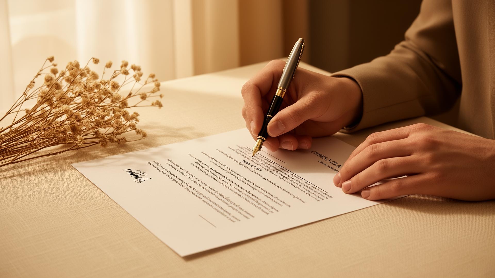 Hands signing a paper contract with a fountain pen on a warm cream linen desk beside dried florals.