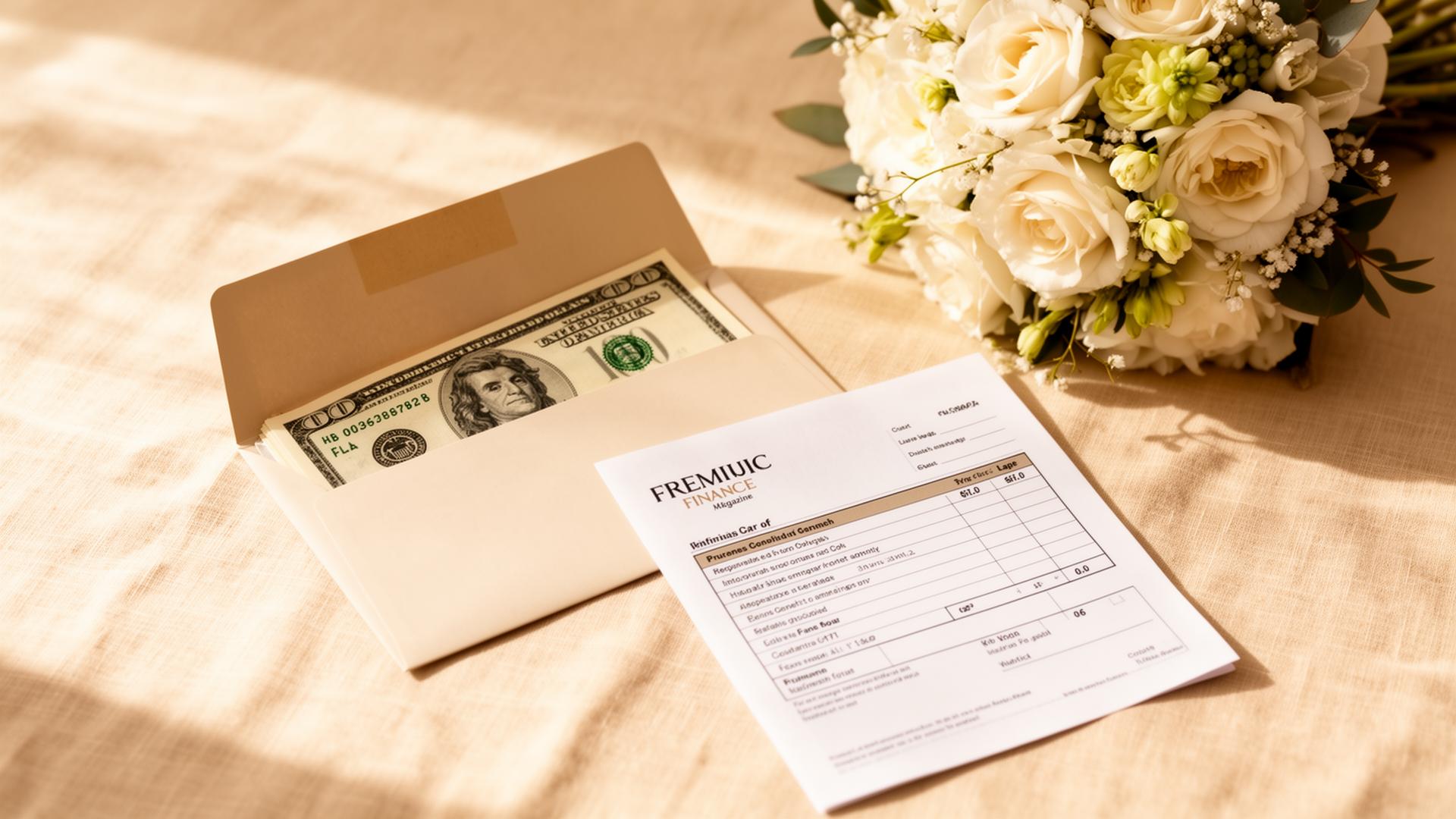 An envelope of cash and an invoice on warm cream linen beside a soft-toned bridal bouquet.
