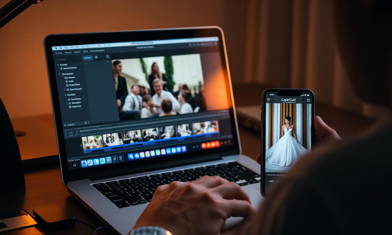 A wedding content creator edits a same-day vertical reel on a laptop with SSD, color scopes, and headphones on warm cream linen.