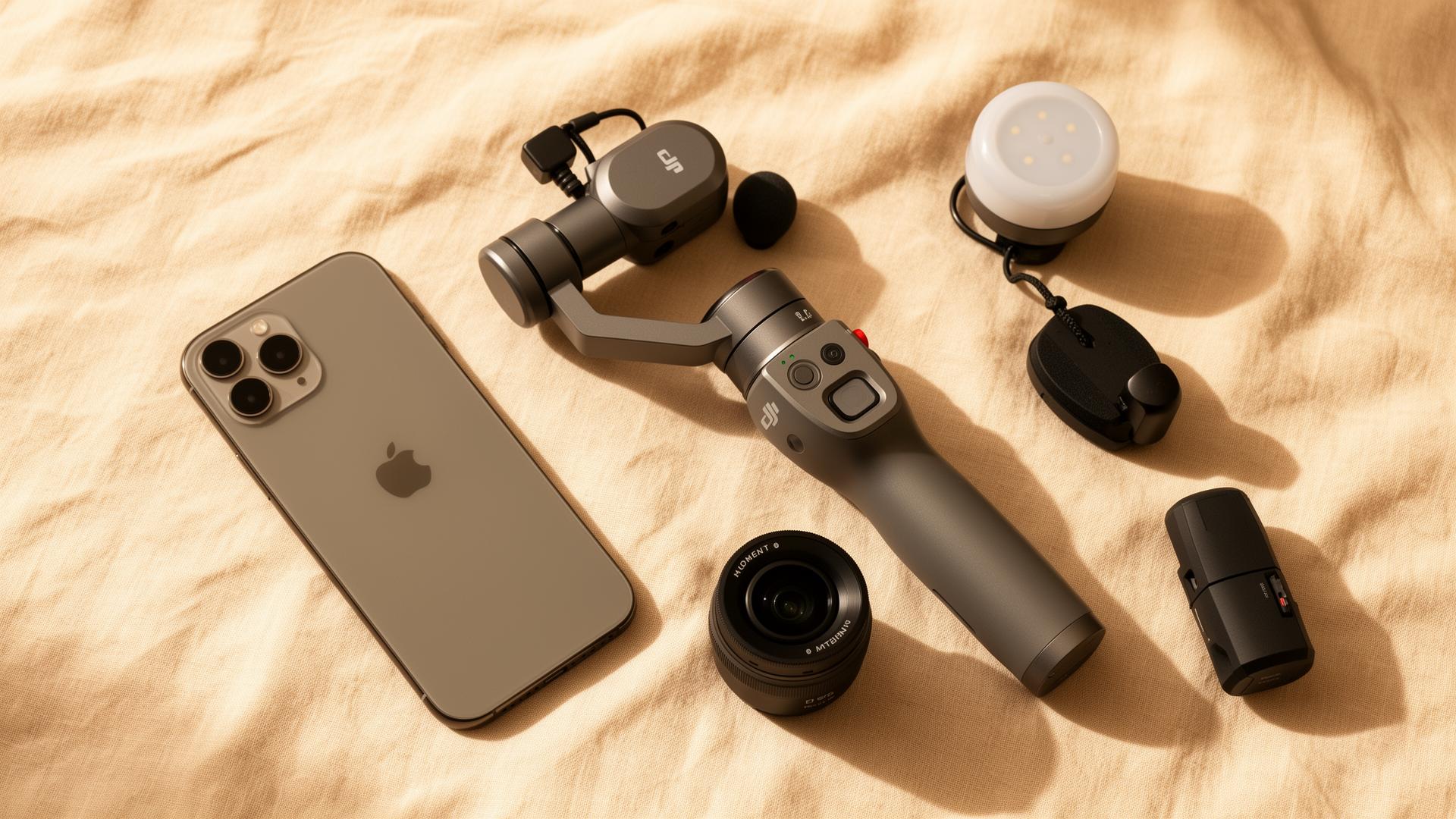 Flat lay of a wedding content creator kit: iPhone, DJI gimbal, wireless lavalier mic, Moment lens, and a small LED light on warm cream linen.