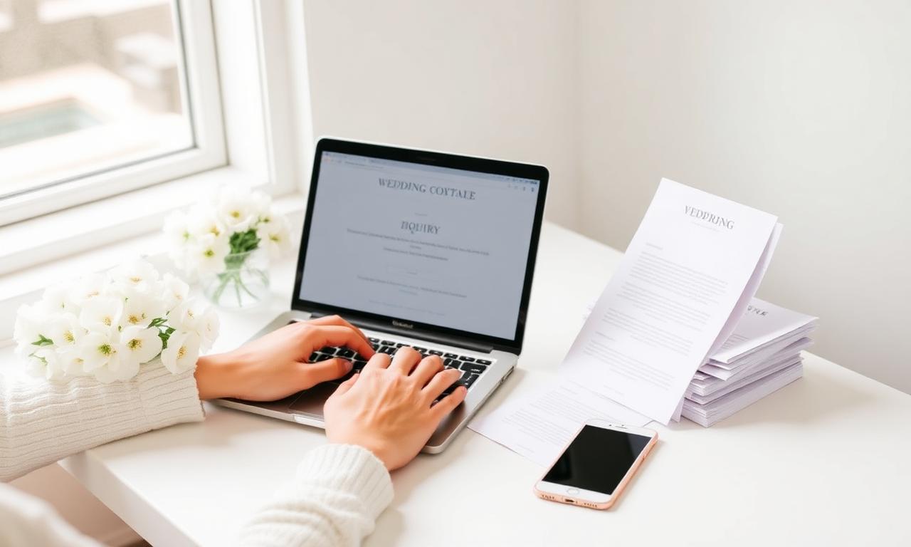 A wedding content creator types an inquiry reply on a laptop with a printed template and a cup of coffee.