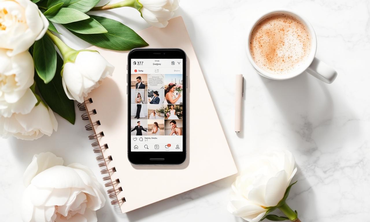 A wedding content creator reviews Instagram analytics on a laptop with an iPhone playing a vertical reel on warm cream linen.