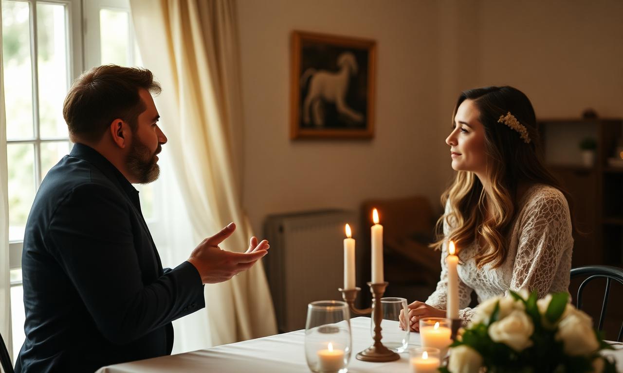 A wedding content creator types a thoughtful objection reply on a laptop with a printed proposal beside them.