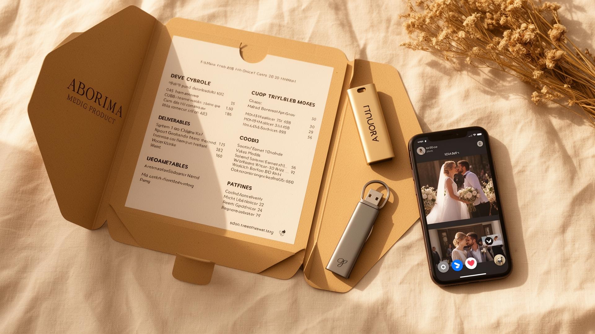 A branded delivery package opened to reveal a deliverables menu, USB drive, and a smartphone previewing a wedding reel.