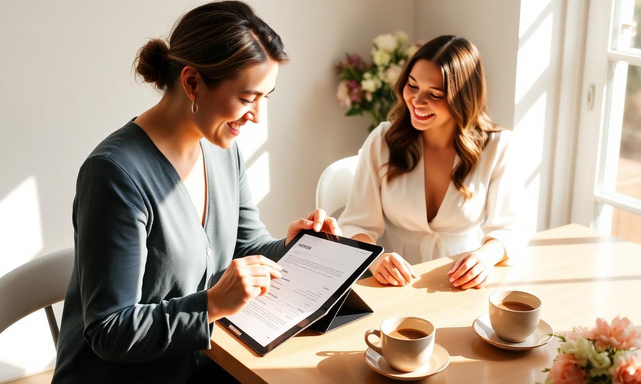 A wedding content creator reviews a 1-page proposal on an iPad at a sunlit consultation table with a couple.
