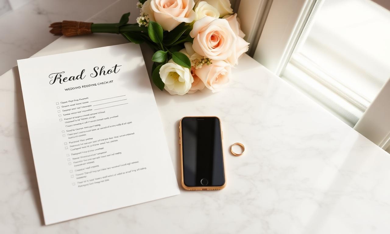 A wedding content creator reviews a printed shot list and timeline on a warm linen desk with iPhone and gimbal.