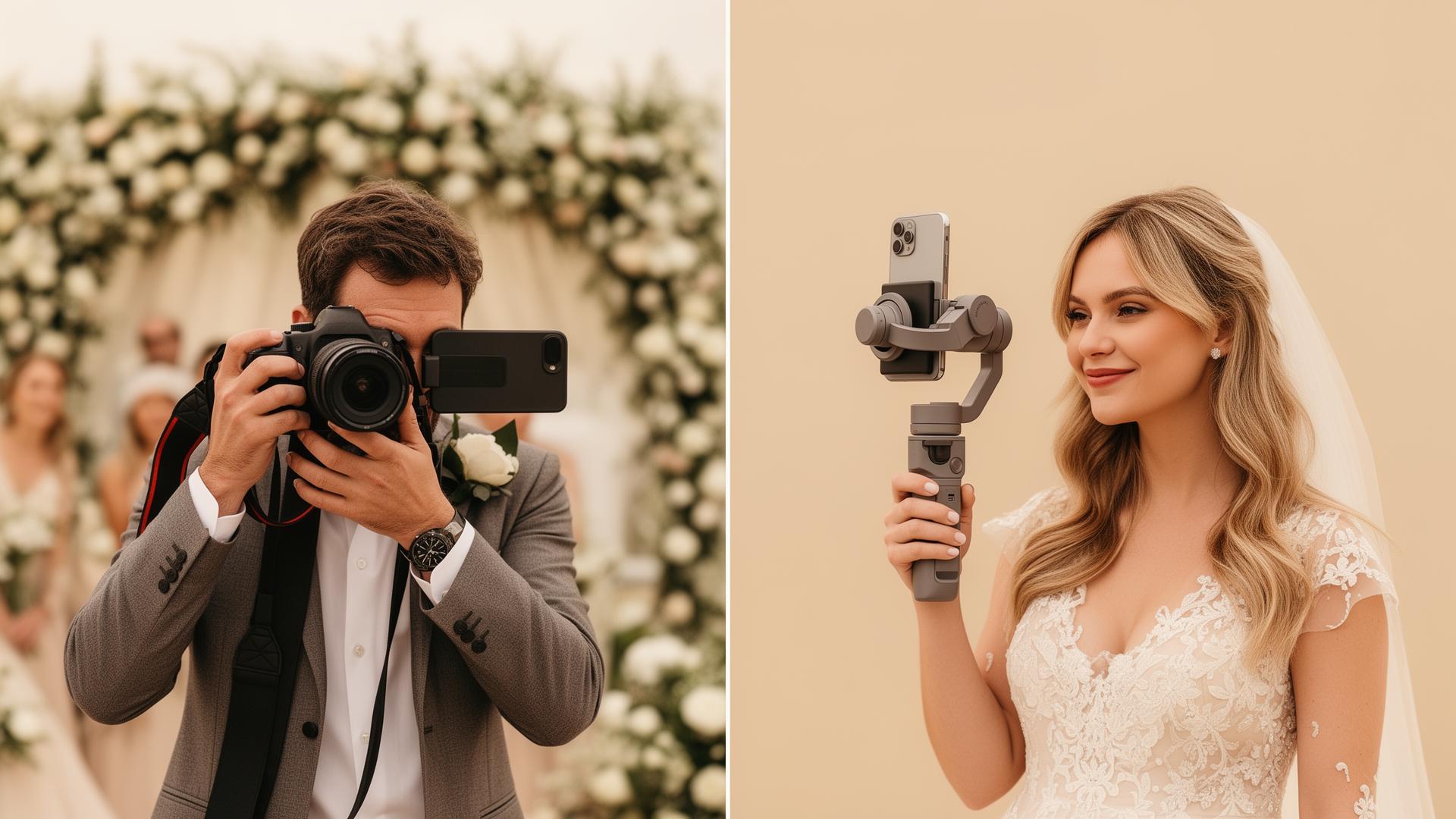 Split editorial composition: a wedding photographer with a DSLR on the left, a content creator with an iPhone gimbal on the right.