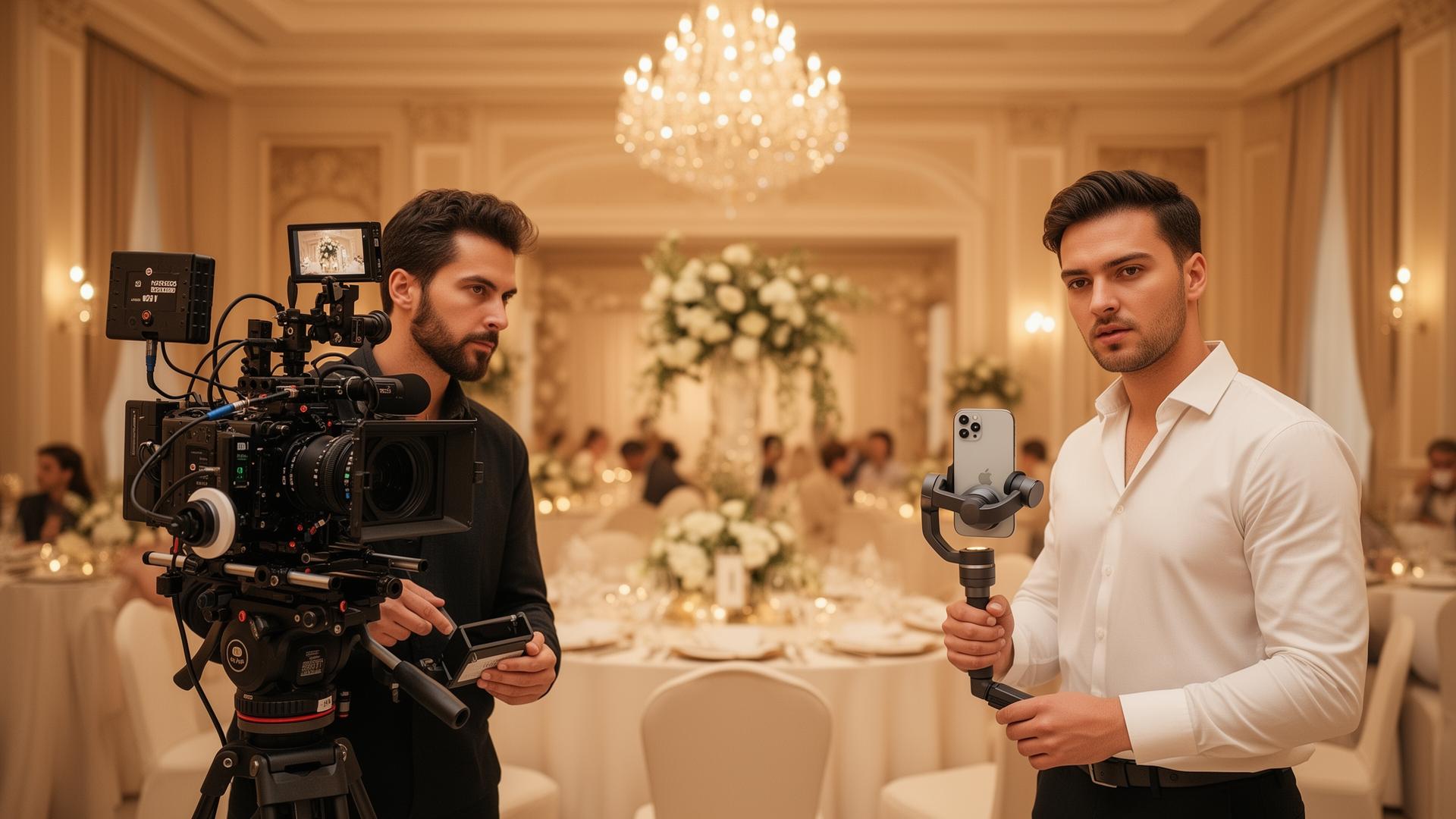 A videographer with a cinema camera rig and a content creator with an iPhone gimbal working side by side at a chandelier-lit wedding reception.