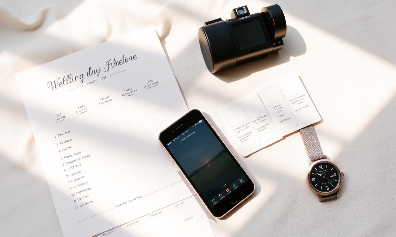 A wedding content creator edits a same-day reel on a laptop with SSD, iPhone, and headphones on warm cream linen.