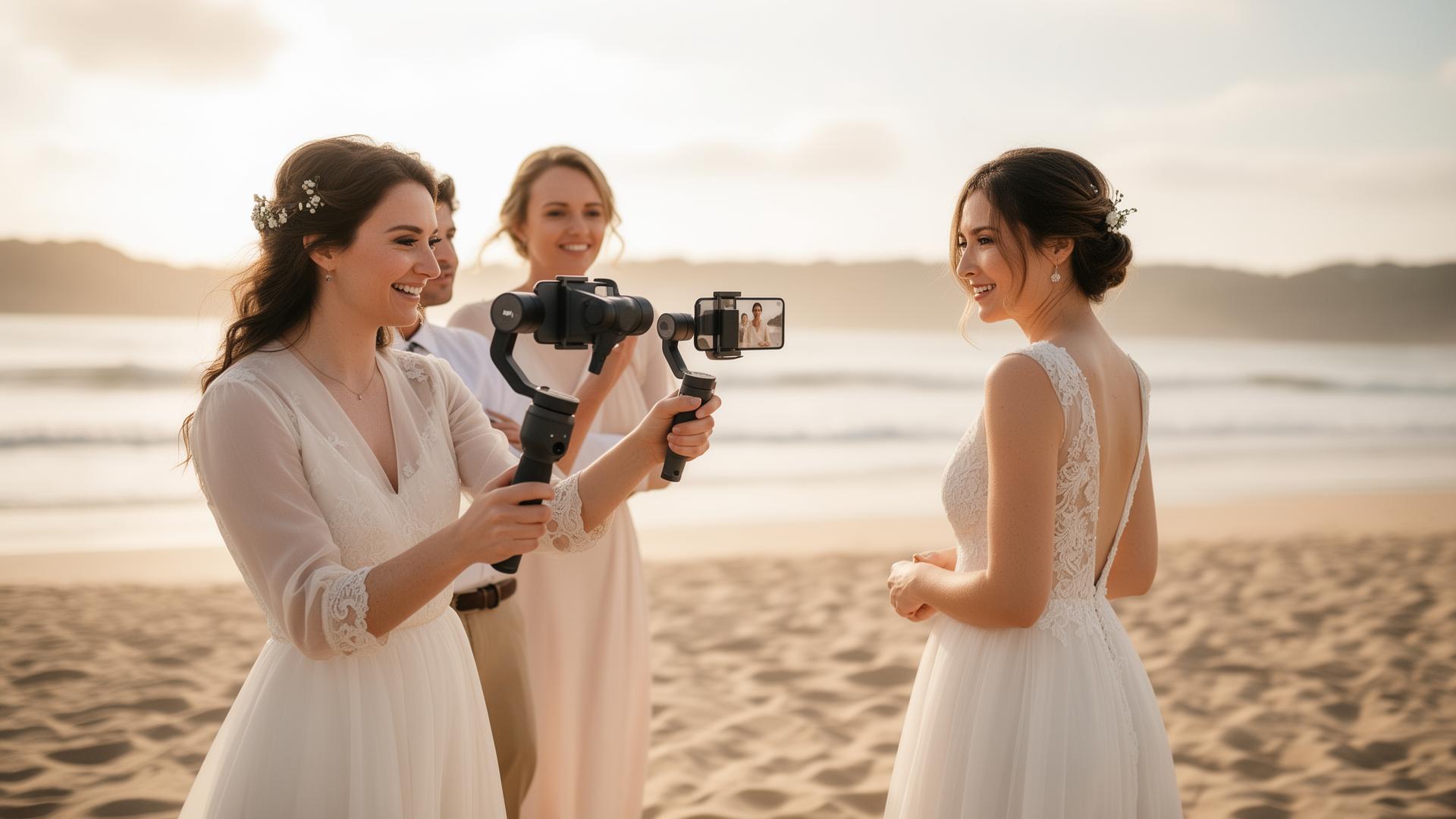 A wedding content creator films a smiling bride with an iPhone on a gimbal stabilizer at golden hour on the beach.